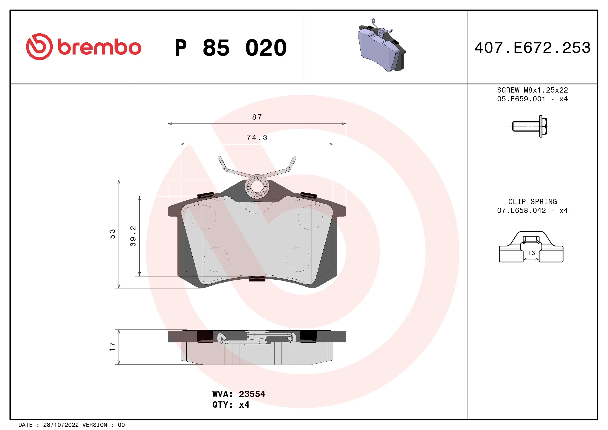 BREMBO JUEGO PASTILLAS DE FRENO TRASERAS VAG PSA